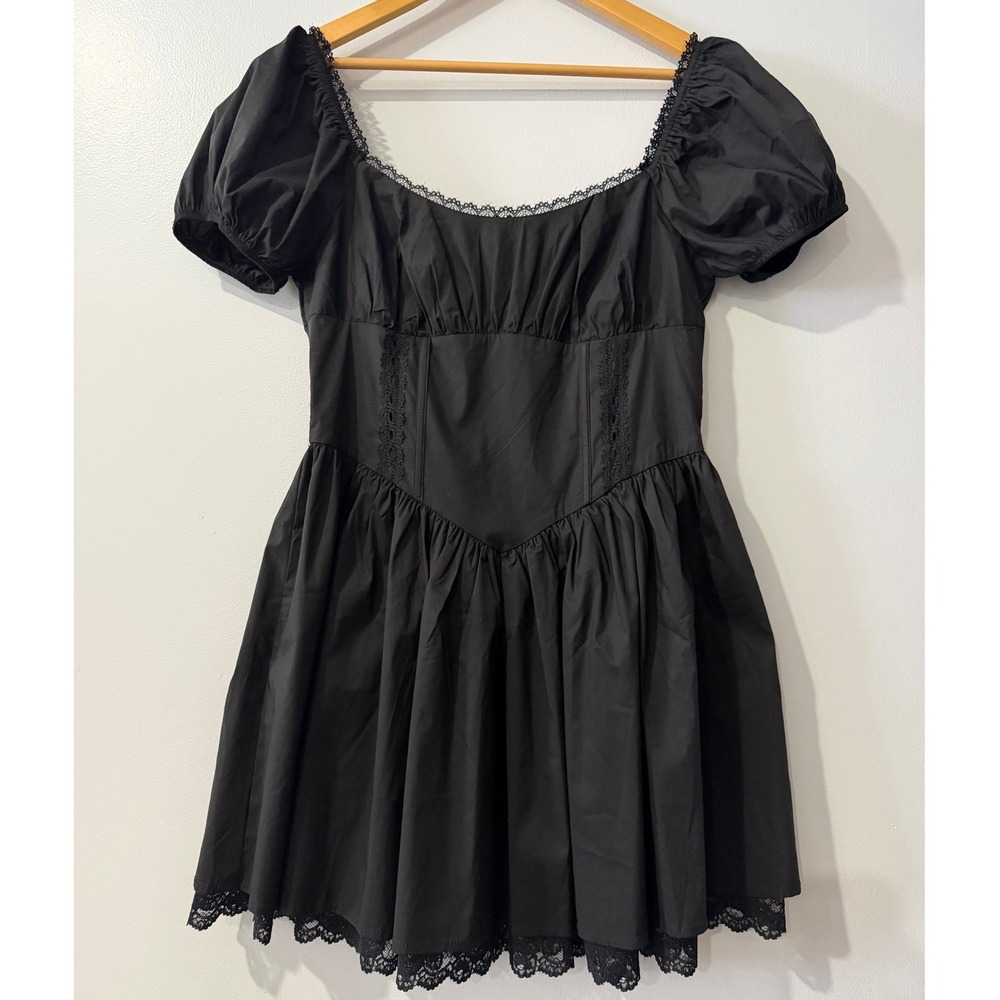 Black Gothic Coquette Babydoll Dress Puff Sleeve Lace Trim Corset Waist Y2K